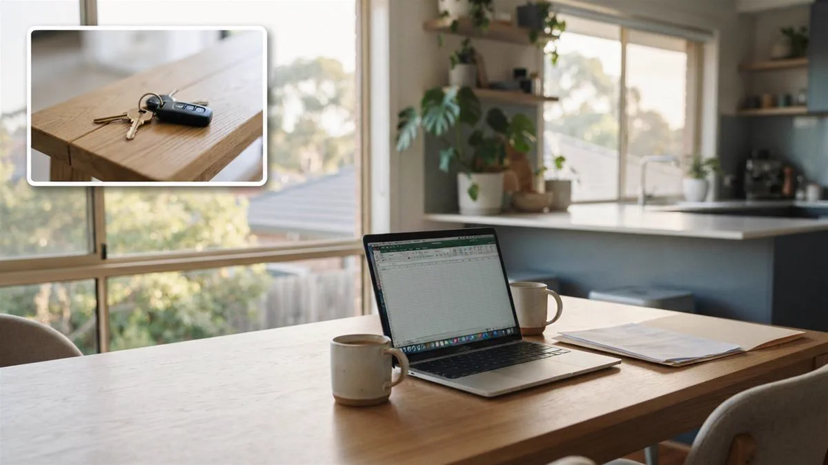 A kitchen table in an Australian home with two mugs, a laptop and a folder of paperwork